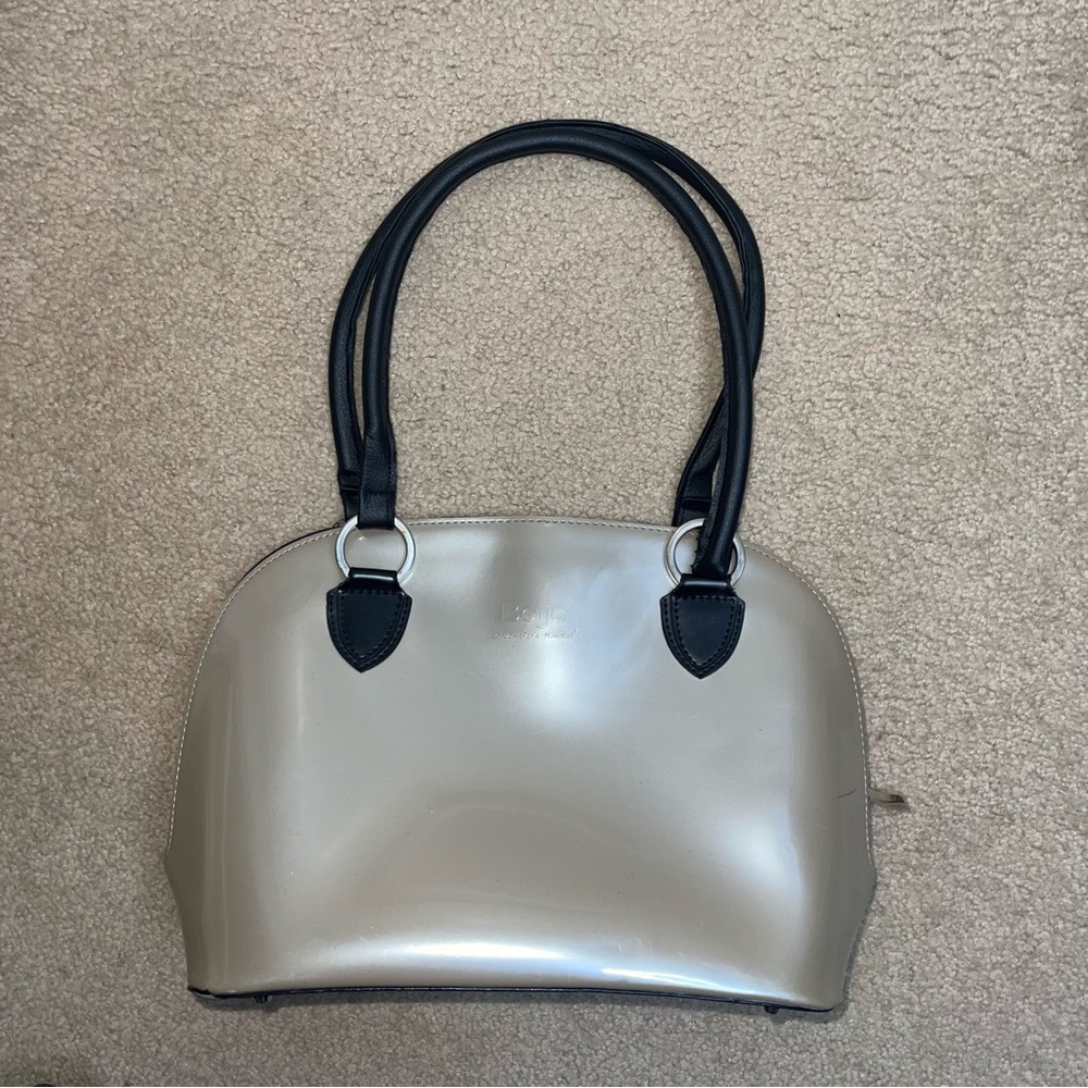 Beijo Metallic Champagne Dome Satchel Handbag Black Trim Structured Purse